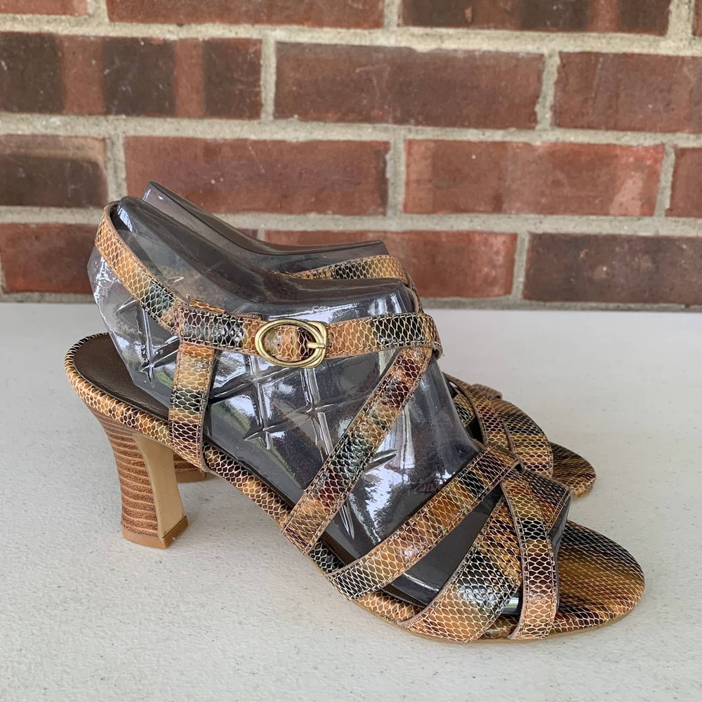 Array Brown Snake Leather Open Toe X-Strap Heeled… - image 1